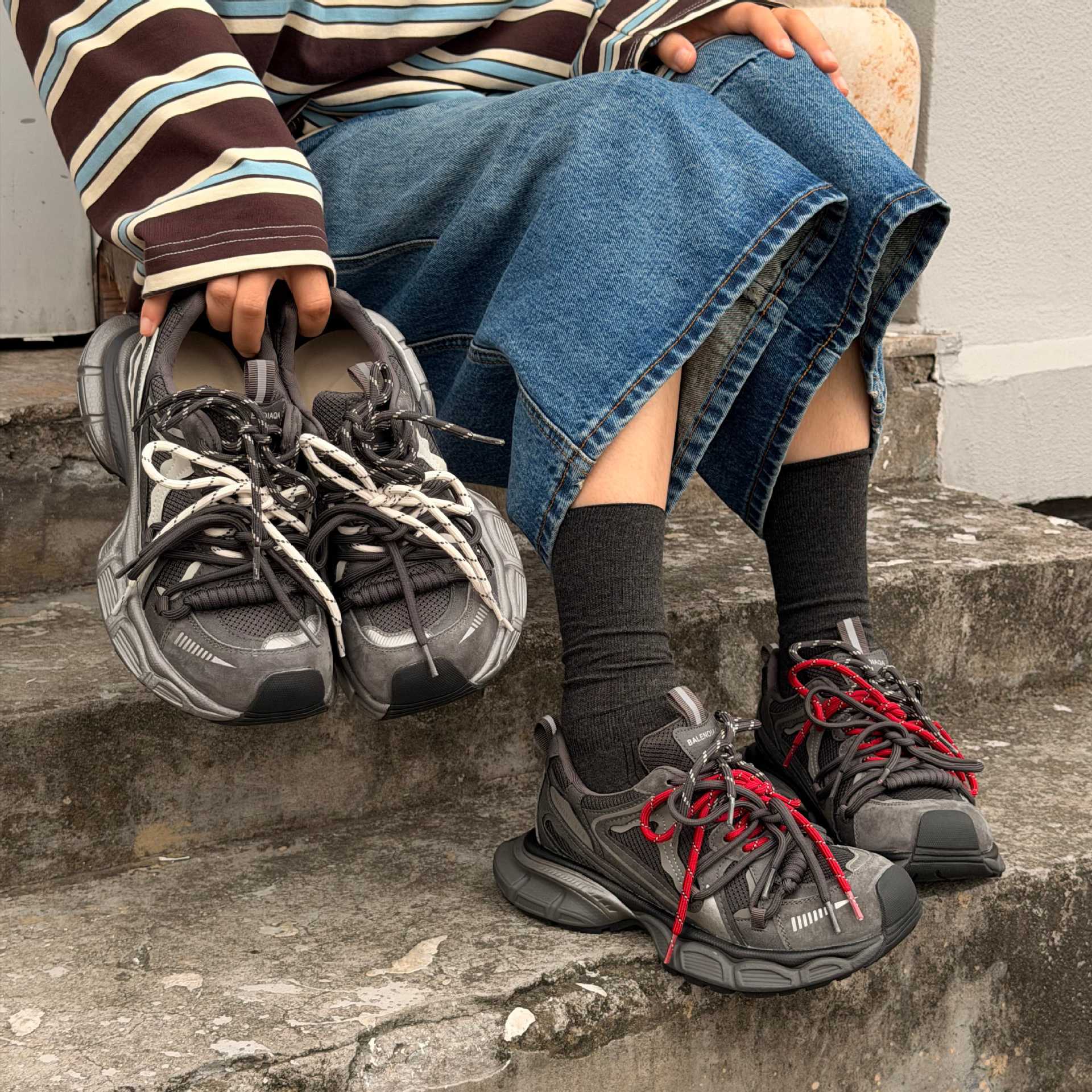 2025新款小怪兽暗黑系厚底百搭休闲增高系带拼色老爹鞋