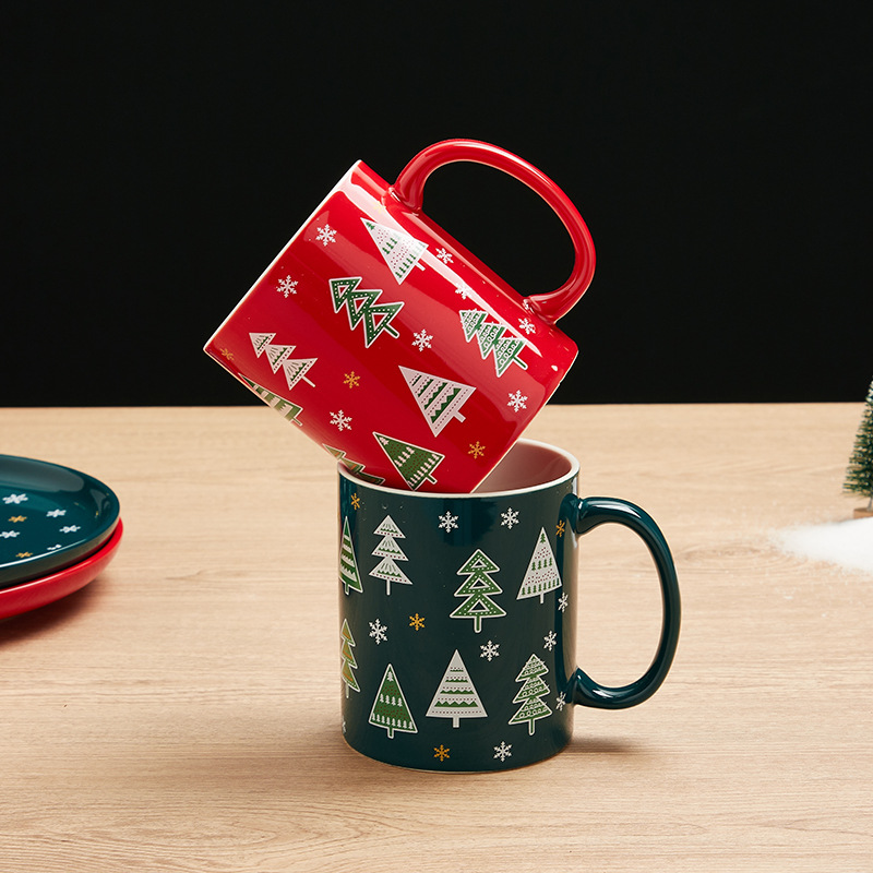 Esmalte de color vajilla de cerámica de Navidad Tazón de fuente traje imprimible logotipo Occidental placa plana de cerámica taza de árbol de Navidad