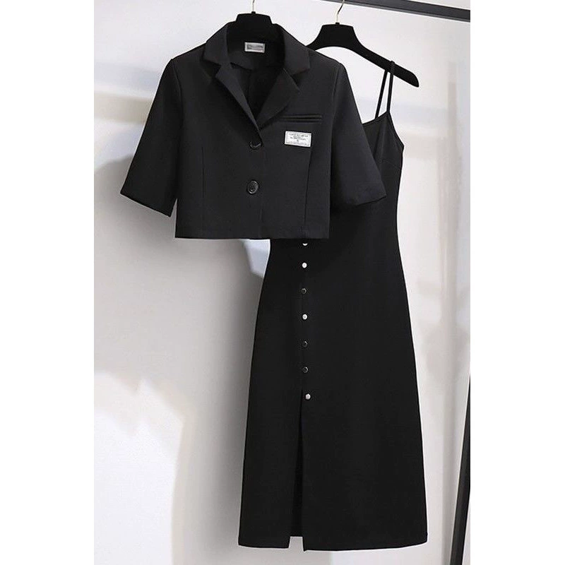 Летний костюм-двойка для полных женщин больших размеров, новый стиль, утягивающий, юбка-миди, платье на бретелях