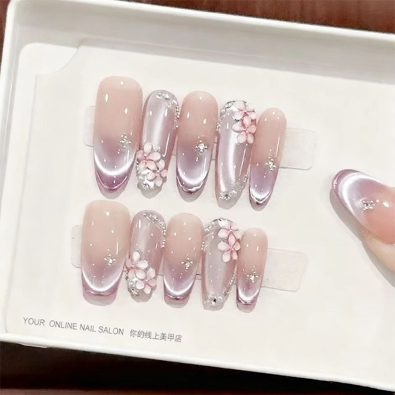 Handmade Purple Smiley French Cat-Eye Nail Art with Hand-Painted 3D Ice-Transparent Pink Flowers, Gentle Style Nail Stickers