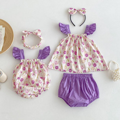 24夏季嬰兒衣服女寶甜美一字領包屁衣女童公主款2件套姐妹裝爬服
