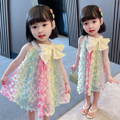 小女孩夏季花朵連衣裙2023韓版中小童甜美公主裙彩虹裙子寶寶夏裝