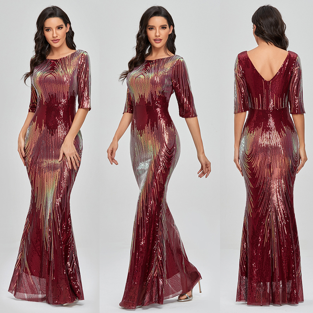 品质新款2021春夏优雅女装五分袖圆领V背婚庆亮片鱼尾晚礼服女