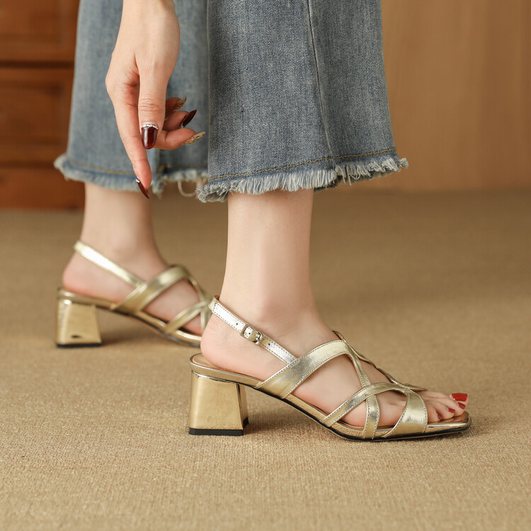 Sandal cao gót nữ da thật mũi vuông hở mũi gót thô 9 cm — Màu vàng, Màu bạc chi tiết 48