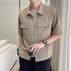 夏の半ファスナー工装シャツ男性半袖高級感氷糸tシャツゆるいフィット感半袖シャツ潮