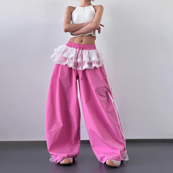 2025 Summer Women's Clothing Stitching Lace Skirt Casual Pants Women's Niche Design Contrast Color Wide Leg Pants Trousers