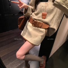 区区欧陽 ベルト付きショートスカート レディース 冬新作 ハイウエスト 細見え ミニスカート レトロAラインスカート