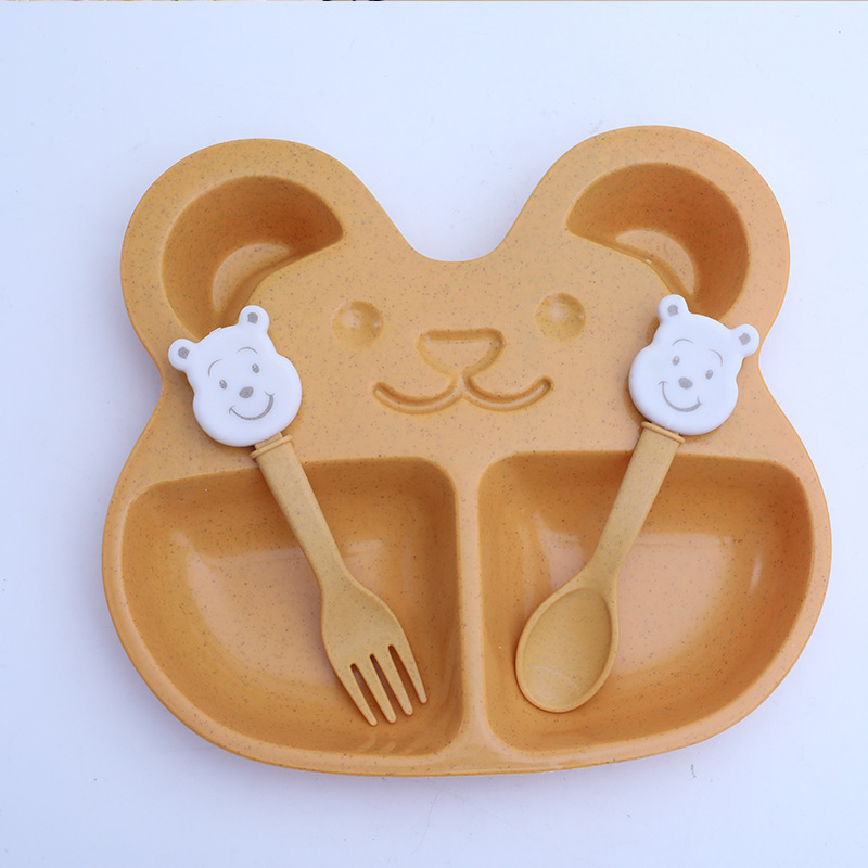 国境を越えて起爆した小麦わら児童食器セット赤ちゃんかわいいベアー分格食皿転倒防止茶碗フォークスプーン|undefined