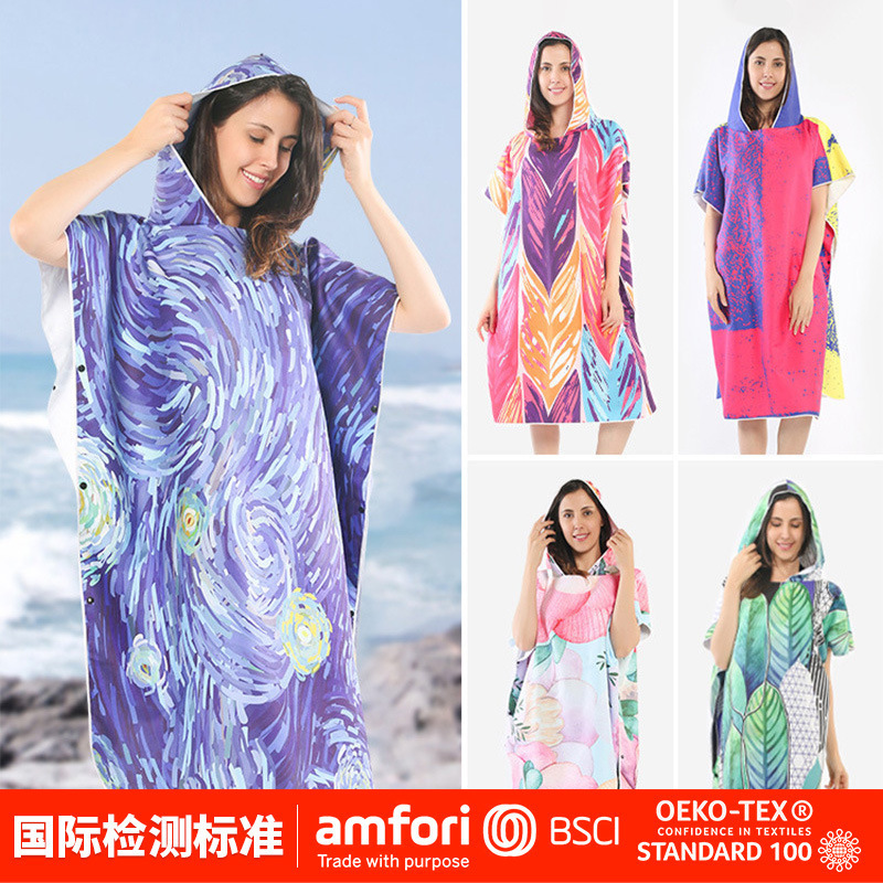 Quick-Drying Printed Bath Towel for Adults, Portable Poncho with Hood, Double-Sided Fleece, Absorbent Swimming Beach Towel, Hooded Changing Bathrobe