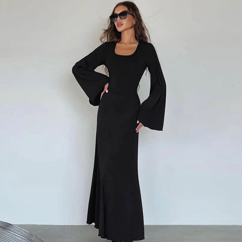 women's clothing 2023 autumn new fashion loose U-neck back tie long-sleeved dress_senzul.com