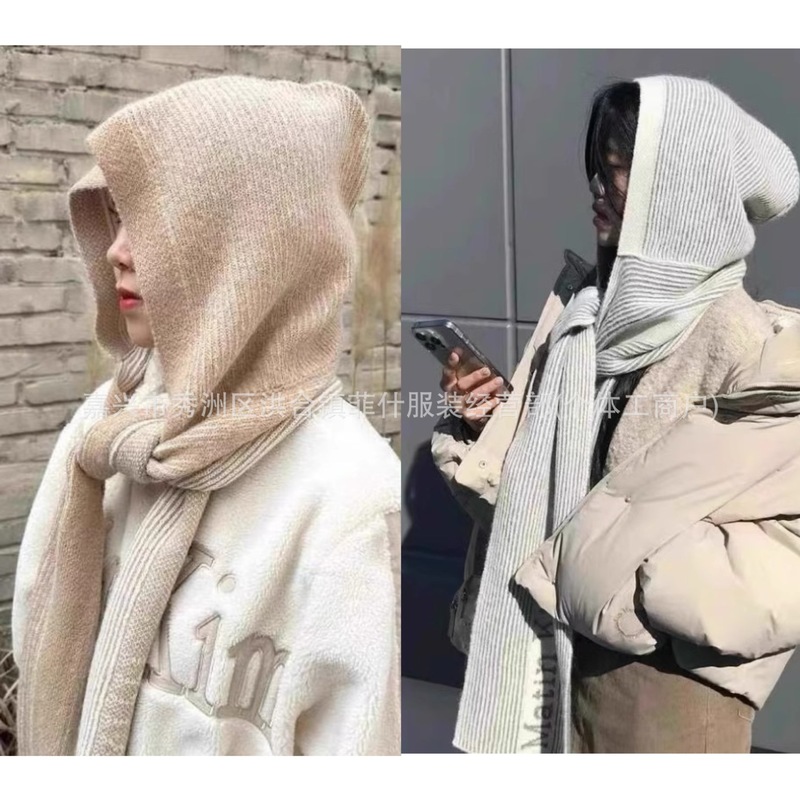 Correct Korean Matin Hooded Scarf 24 Autumn and Winter New Alpaca Wool Striped Warm Knitted Scarf Ins