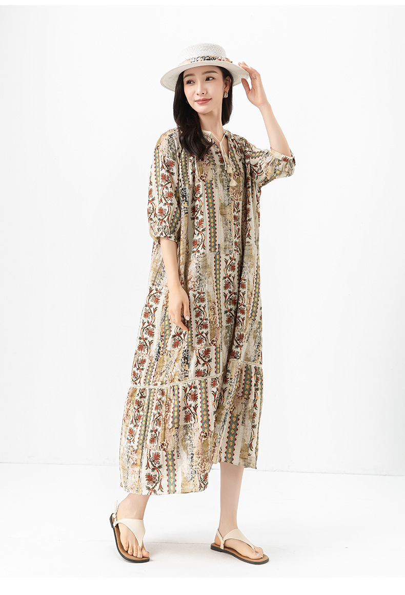 Đầm maxi nữ thắt eo bohemian in hoa kỳ lạ tay ngắn rộng che thịt — Màu cà phê chi tiết 4