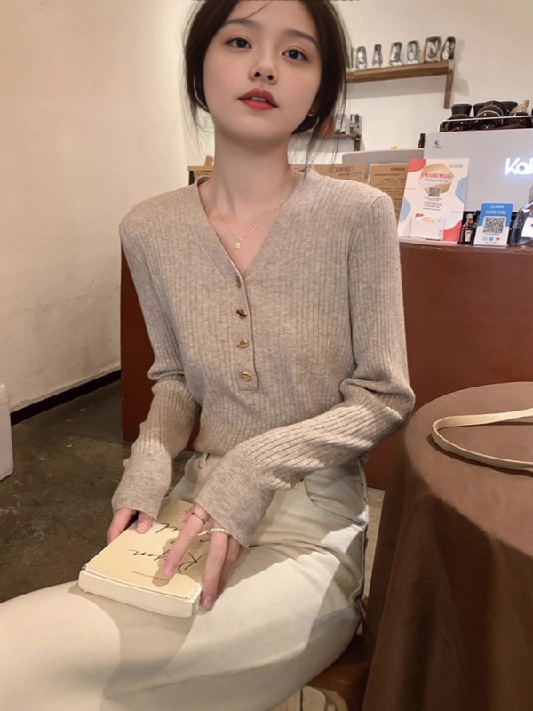 法式V领小香风针织衫女内搭2025春秋新款小众毛衣长袖打底衫上衣|undefined