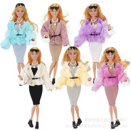 30CM11寸洋娃娃欧美巴比冬季时尚毛绒外套短筒裙娃衣配件跨境外贸
