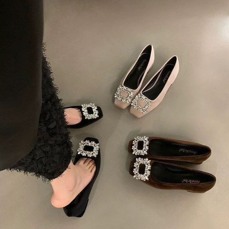 Элегантные женские балетки с квадратным носком и стразами, новинка осени 2025, универсальные лоферы без каблука.