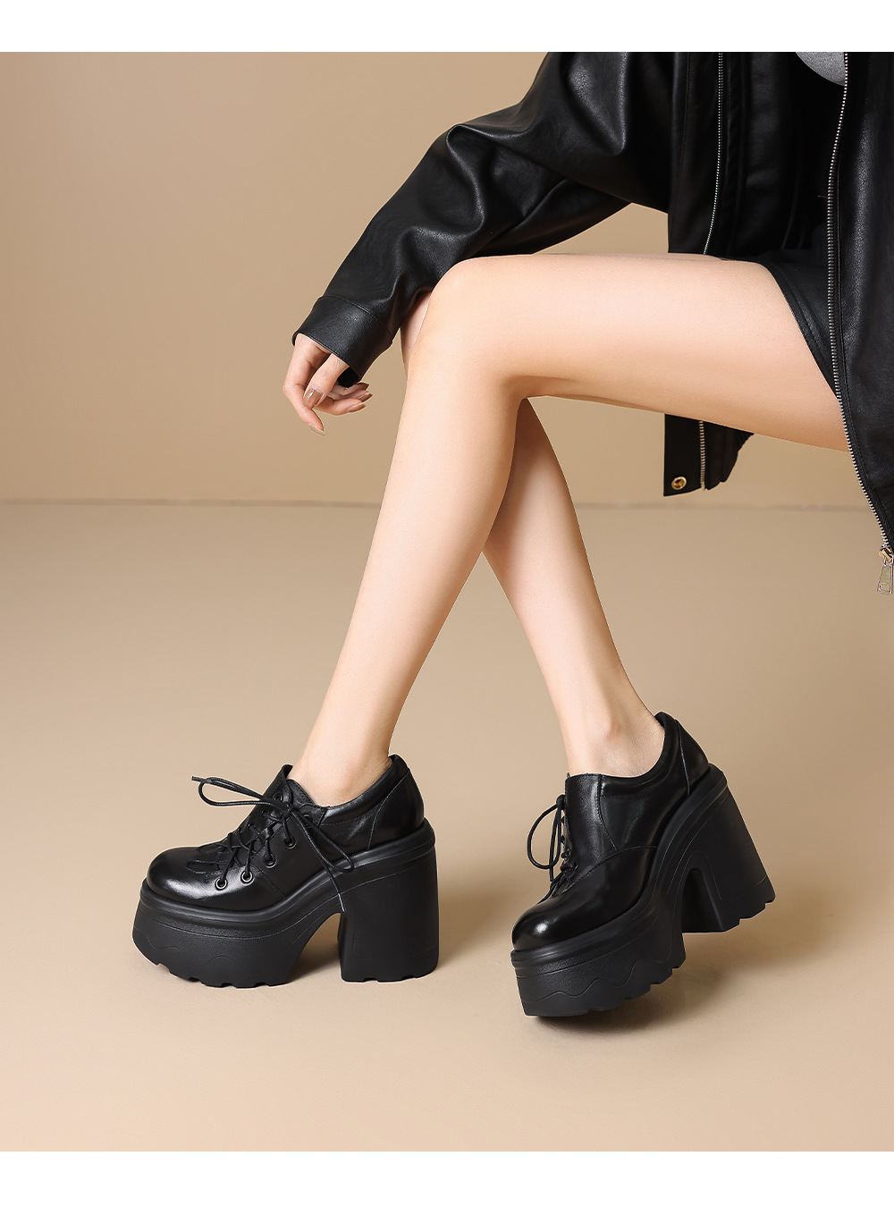 Giày cao gót nữ da thật phong cách Anh quốc cổ điển gót vuông 12 cm đế platform — màu nâu chi tiết 8