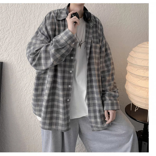 Men's Spring and Summer Long Sleeve Check Shirt, Layering Top, Retro Hong Kong Style, Relaxed and Cool Vibe, Loose Collared Shirt
