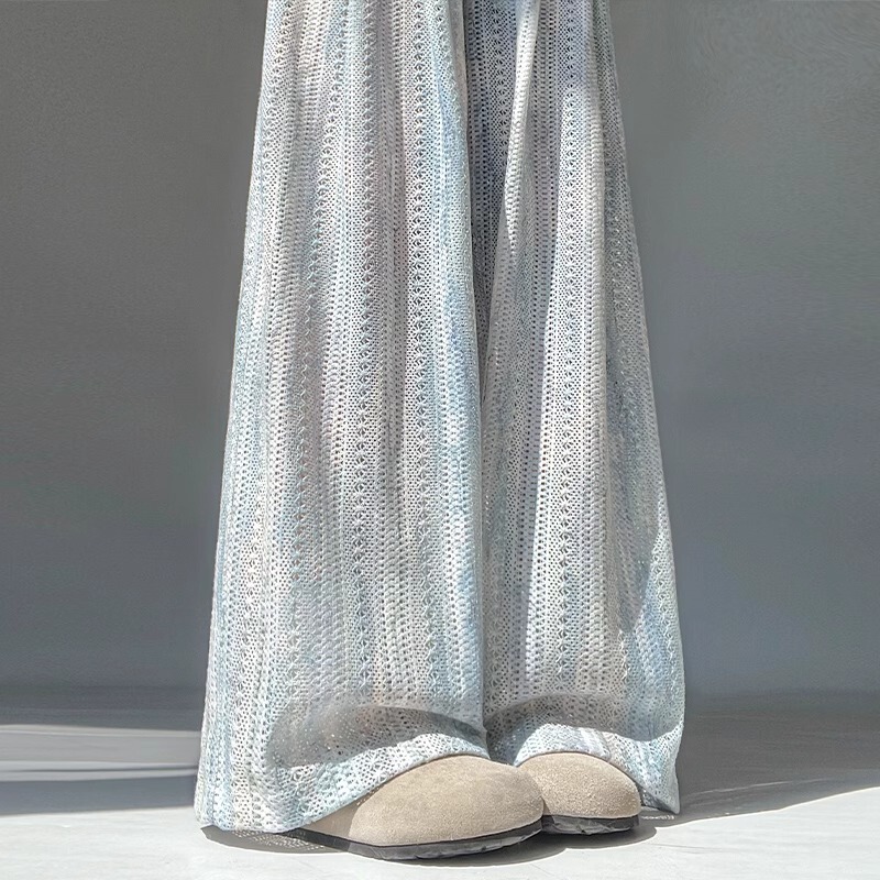 Blue Tie-Dye Hollow-Out Wide-Leg Pants Women's Summer Thin 2025 New Casual Small High Waist Dagging Ice Silk Yamamoto Pants