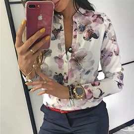 欧美爆款亚马逊速卖通热销女士印花衬衣纽扣长袖时尚通勤修身上衣