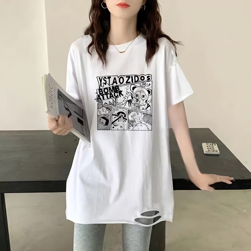 Korean White Cotton Ripped T-Shirt for Women 2025 Summer New Short-Sleeved Bottoming Shirt Mid-Length Loose Ins Top