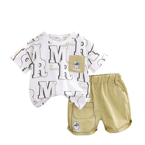  Summer New Boys Full Print Letter Crew Neck Short Sleeve Set for Baby Boys Casual Shorts Two-Piece Dropshipping