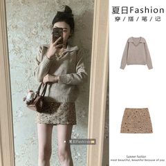 千金名媛翻领拼接针织衫套装女秋冬高腰小香风半身裙法式名媛毛衣