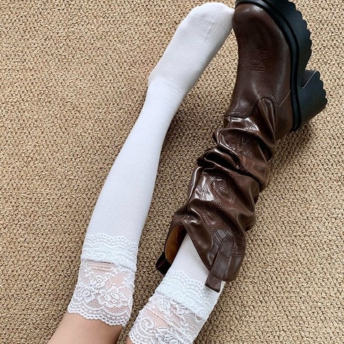 White lace edge ankle socks for spring and autumn, suitable for knights' boots, JK style, showing edge, mid-calf cotton socks, versatile