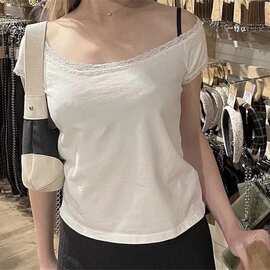 BM风美式性感圆领一字领露肩上衣女 bm辣妹纯欲蕾丝纯色短袖t恤潮