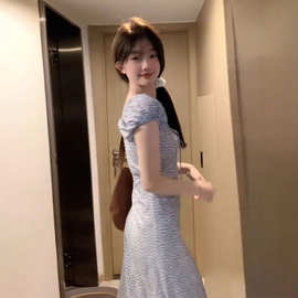 法式连衣裙女夏季新款感超好看桔梗风碎花仙女长裙子收腰显瘦