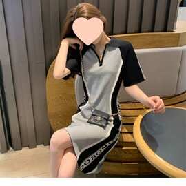 法式领连衣裙女年夏季新款设计感小众时尚撞色休闲灰色裙