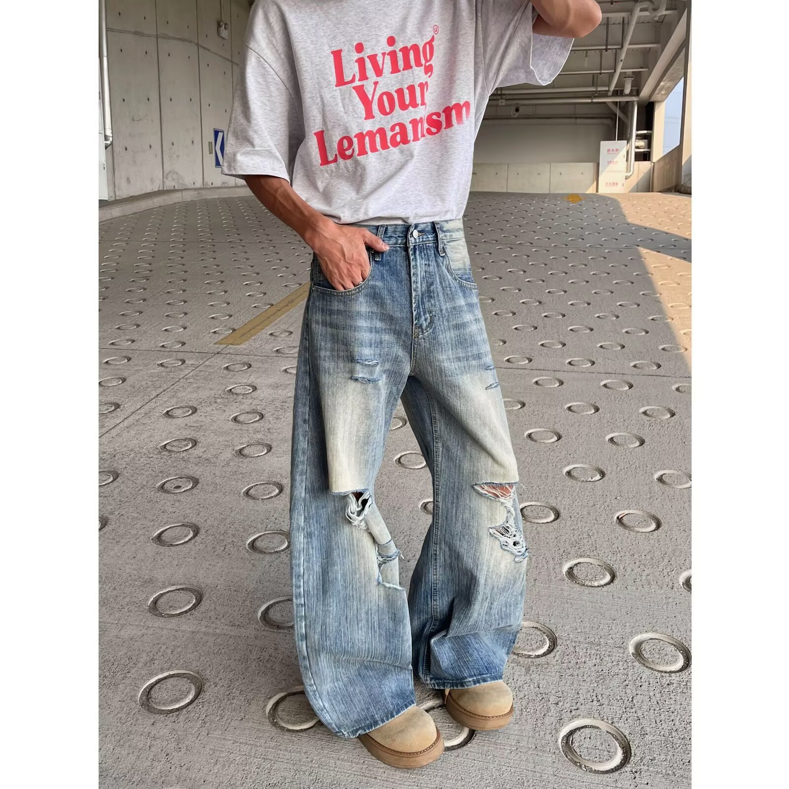 Unisex Distressed Denim Jeans | Relaxed Straight Leg Fit For Men And Women | Comfortable Stretch, Vintage Washed, Everyday Casual Style_viptrois.com