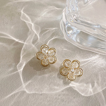 韩国复古透明水晶花朵耳环女简约百搭气质个性时尚耳钉耳饰冷淡风