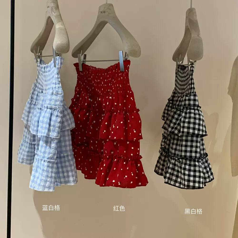 WGWE百搭收腰显瘦格子蛋糕裙女春夏小个子甜美a字蓬蓬半身裙短裙