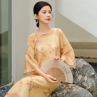 Qingshuzhai 2024 Spring and Summer New Women's Chinese Zen Clothing Ramie Short-Sleeved Dress Long Skirt (Non-Returnable and Non-Exchangeable)
