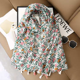 红花绿叶~春秋长款百搭棉麻围巾女丝巾夏季旅游防晒披肩沙滩巾