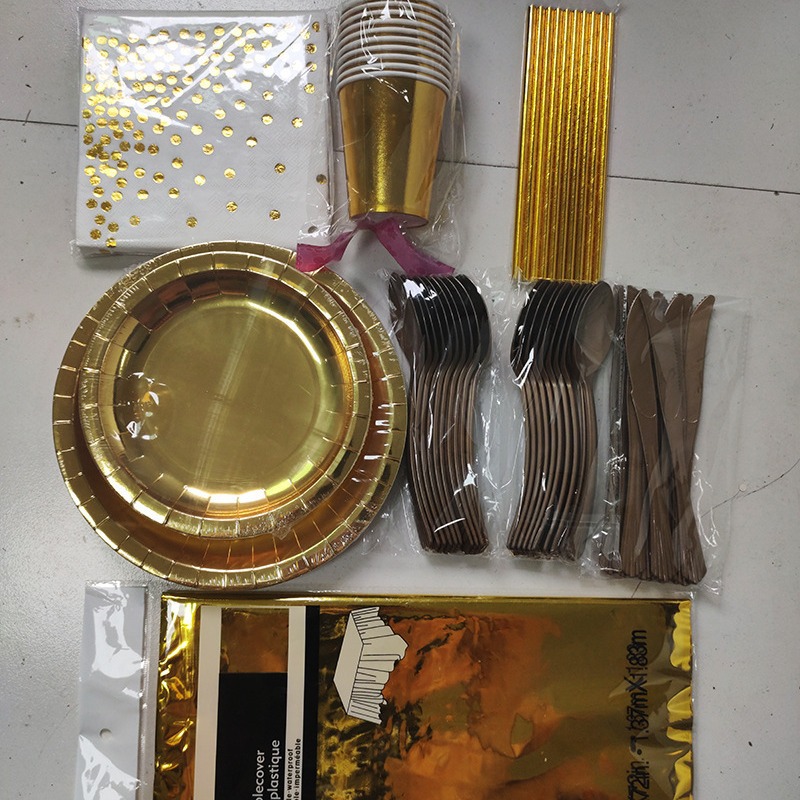 Oro bronceado desechable vajilla traje taza de papel plato de papel mantel fiesta lugar suministros decoración bronceado oro