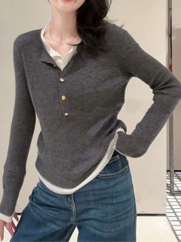 25早秋新品圆领修身抽条假两件女套衫长袖弹力针织打底衫显瘦上衣|undefined