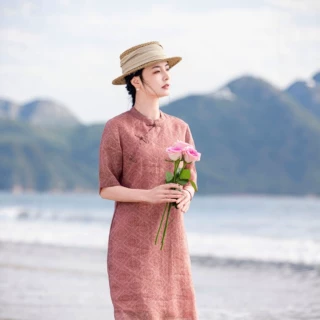 苎麻棉麻连衣裙女改良旗袍夏季新中式文艺复古提花盘扣宽松 A字裙
