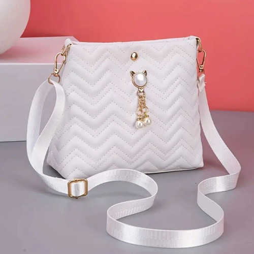 Korean Style Fashion Wave Striped Quilted Cat Pearl Decorated Women's Crossbody Bag Women's Bag