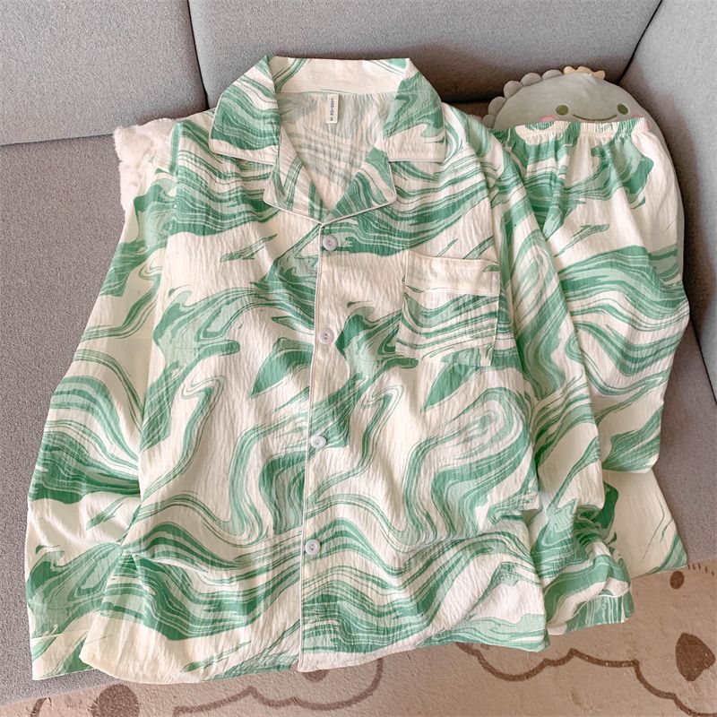 Cross-Border Wholesale Autumn New Men's Cloud Cotton Pajamas Thin Simple Embroidered Cardigan Long-Sleeved Trousers Home Wear Set