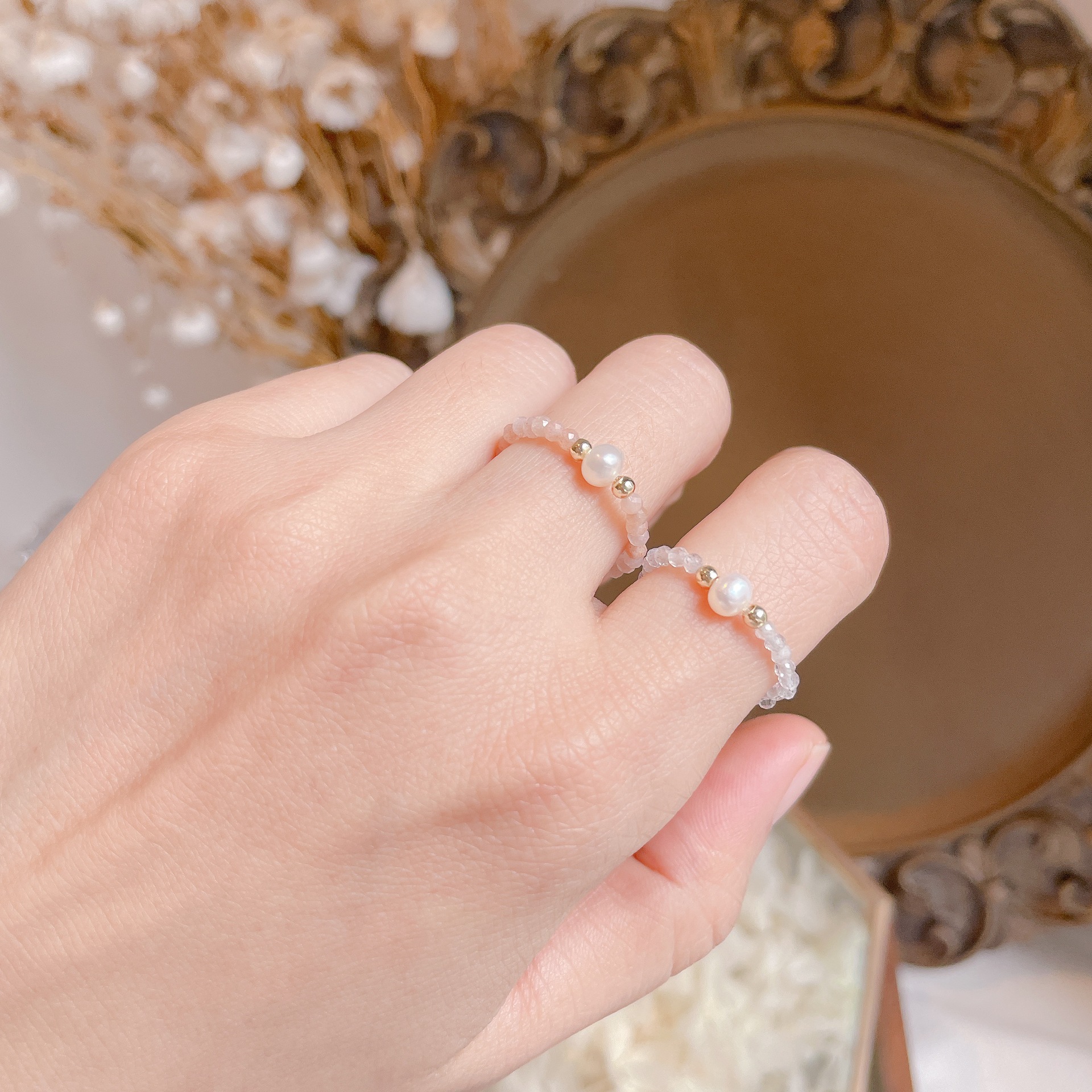 Silver gold-plated soft ring simple stacked natural labradorite orange Moonstone pearl ring female temperament personality ring