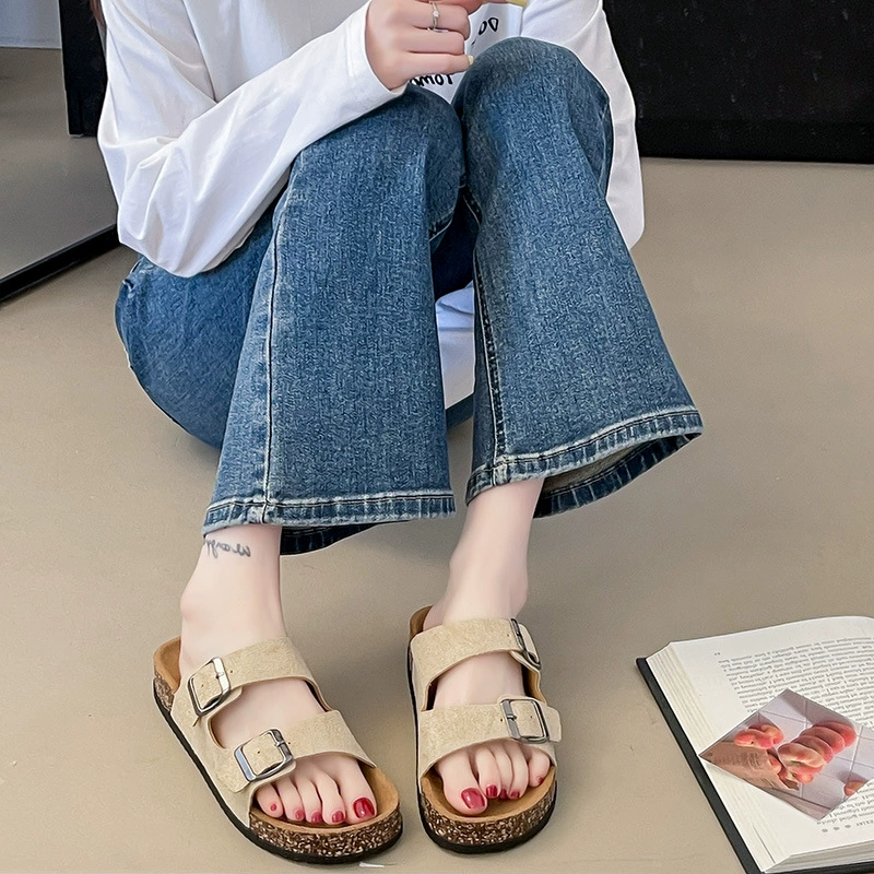 勃肯鞋女春夏季跨境新款厚底外穿一脚蹬软木底双排扣二字凉拖鞋女