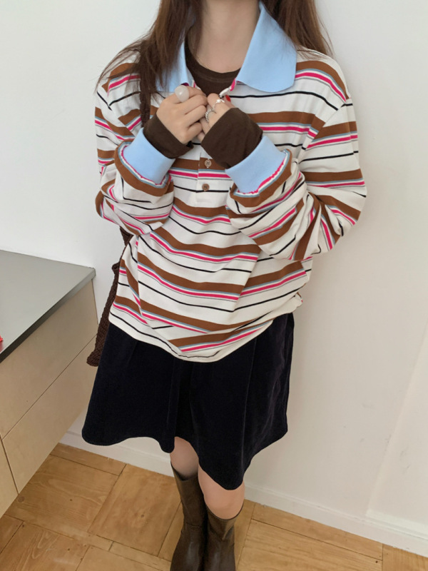 GAGD 条纹撞色polo衫宽松M*U系长袖T恤 2025秋季休闲百搭上衣女|undefined