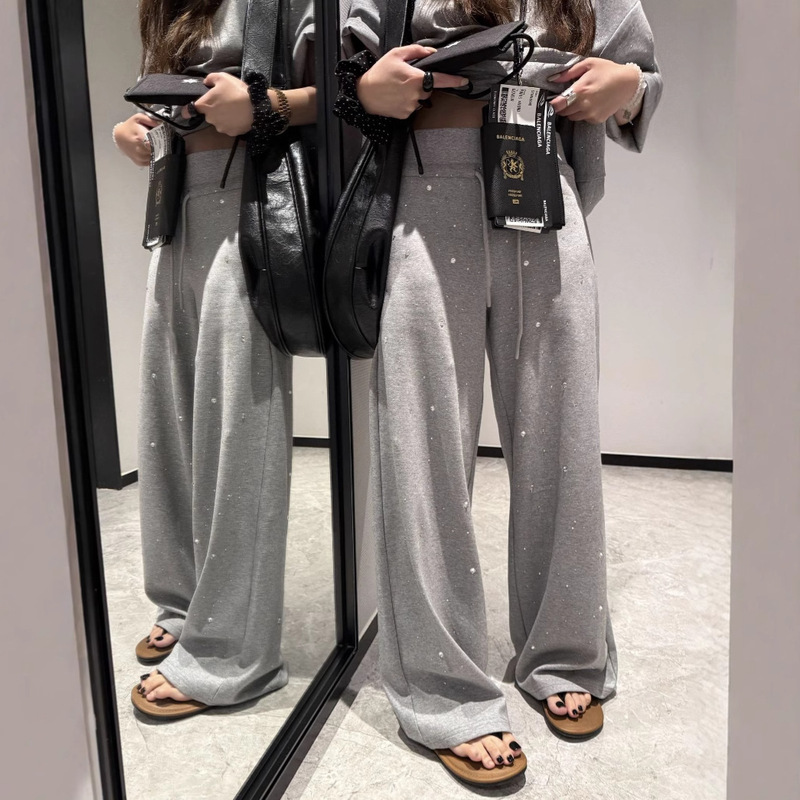 Exquisitely Crafted Rhinestone Fashion Straight High-Waisted Casual Sweatpants for Women 2025 New Korean Style Relaxed Pants