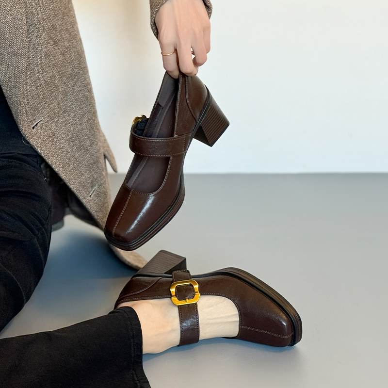 Soft Sheepskin! New Spring/Summer High-Heeled Mary Jane Shoes with Metal Buckle, Silent Soft Sole, and Single Strap for Women