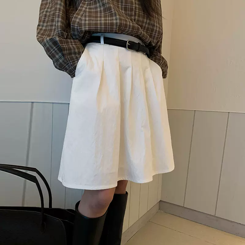 MOXI十三行女装2025秋季新款韩版压褶半身裙女高腰显瘦白色短裙子