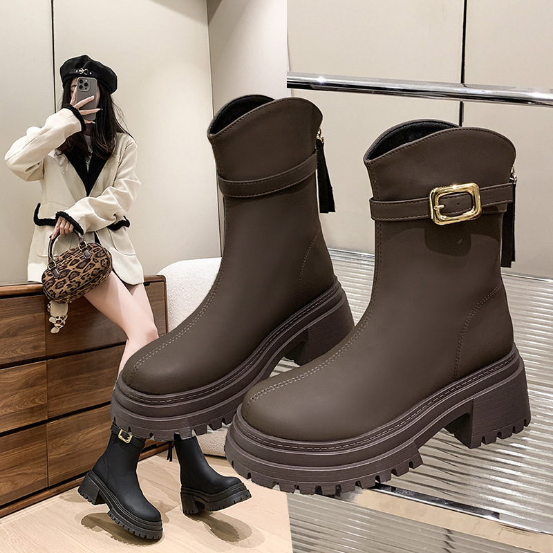 外贸大码粗跟厚底马丁靴女2025秋冬新款百搭后拉链简约感小短靴