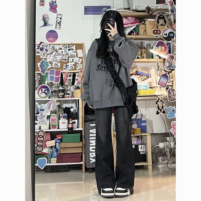 Black jeans Women's Small Spring and Autumn New loose wide leg ins versatile retro high waist slimming mopping pants