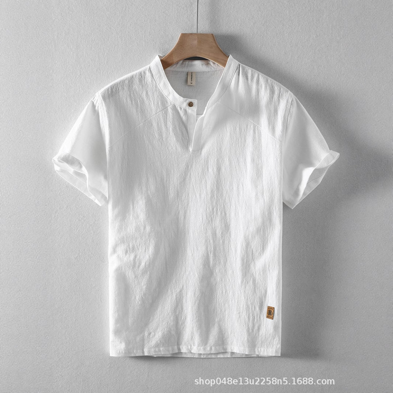 Cross-Border 2026 Summer New Men's Short-Sleeve Linen Shirt Chinese Style Casual Stand Collar Cotton-Linen Half-Sleeve Shirt