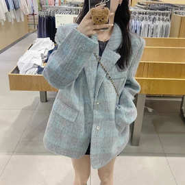 2026秋冬呢绒有里布美式复古设计毛呢格子外套女秋冬西装上衣